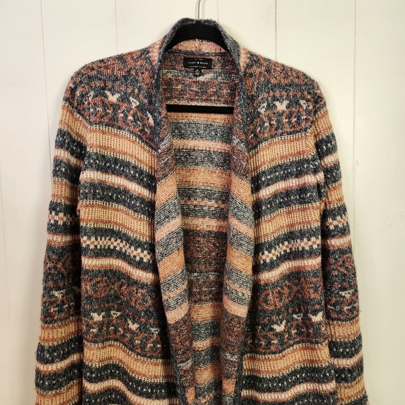 Lucky Brand Open Front Long Sleeve Cardigan Sweater Cotton Pink Blue Fair isle - Picture 3 of 8